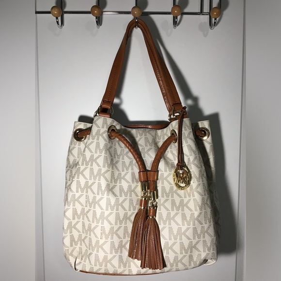 Michael Kors Handbags - Michael Kors Beige and Brown Logo Shoulder Bag